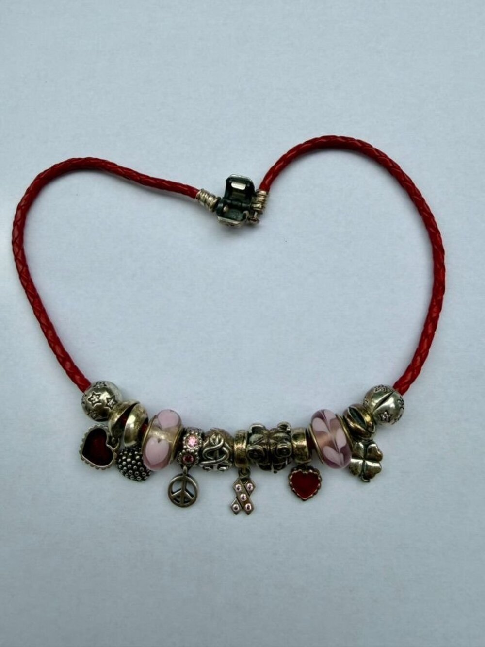 Pandora Red Braided Leather Wrap Bracelet 11 Charms Beads